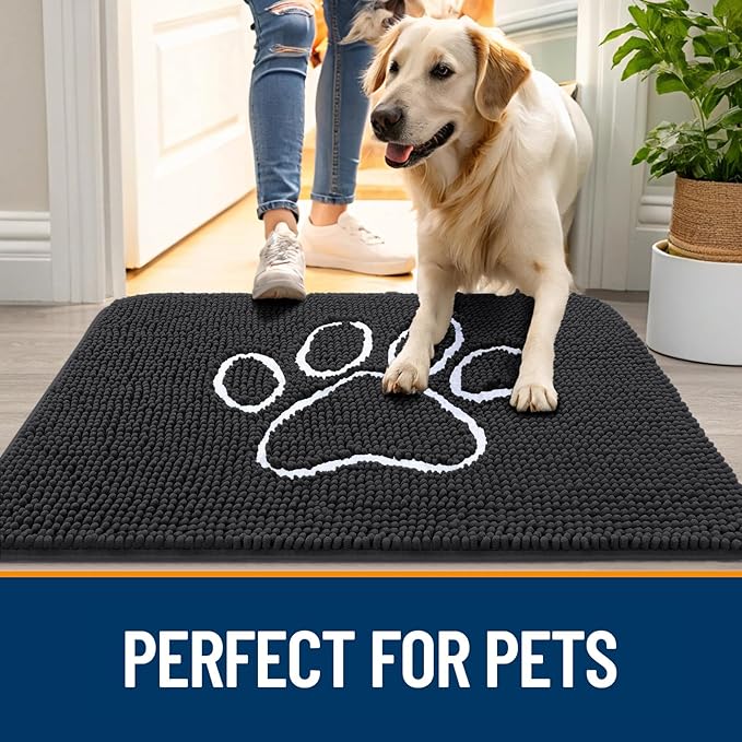 OLANLY Door Mat for Muddy Dog Paws 47x24, Ultra Absorbent Chenille Mud Doormat with Paw Print Design, Non-Slip Washable Doormat for Indoor Entryway, Quick-Dry Pet Bed Mats for Dirty Dogs, Dark Grey