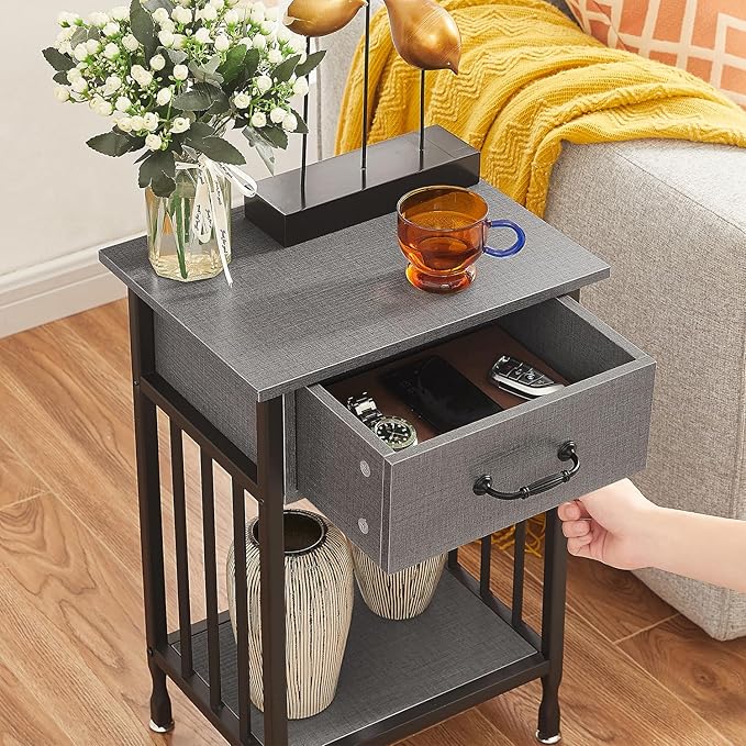 VECELO Nightstands Set of 2, Industrial Side Table/End Tables with Drawer and Storage Shelf, Night Stands for Bedroom, Living Room, Wood Metal Furniture, Easy Assembly