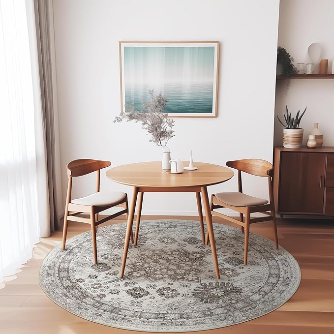 zesthome Washable Round Area Rugs - Non-Slip 6ft Round Rugs, Ultra-Thin Large Circle Rugs for Living Room, Soft Low Pile Rug for Bedroom, Kitchen, Nursery - Vintage Round Rug(Brown/Beige,6'x6')