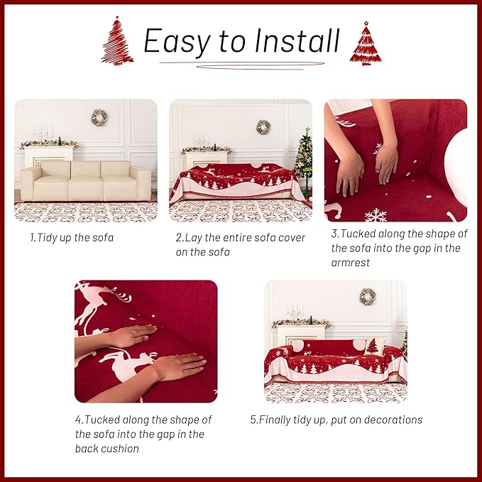 MYSKY HOME Sofa Cover Couch Covers for Sofa, Couch Sofa Covers for 3 Cushion Couch Sofa, Non Slip Soft Couch Sofa Cover, Couch Cover for Dogs Washable Furniture Protector, 71"x134", Christmas Red