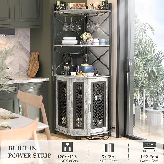Aheaplus Corner Bar Cabinet with Power Outlet, Industrial Wine Cabinet with LED Strip and Glass Holder, 5-Tiers Liquor Cabinet Bar Unit for Home, Corner Display Cabinet for Small Space, White Oak