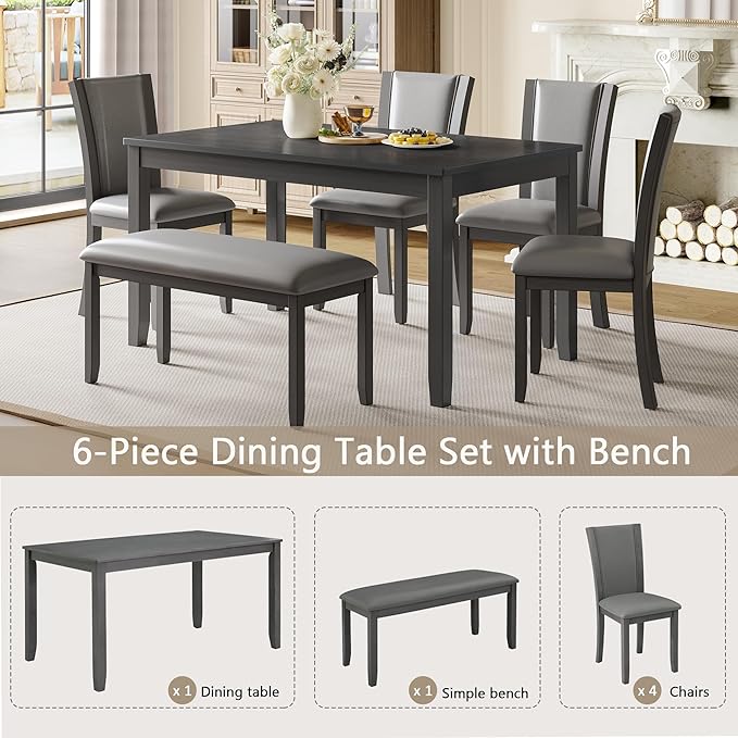 soges 6-Piece Large Dining Table Set with Leather Bench and Chairs, Wooden Dining Table Chairs Set for 6, Modern 6 Person Dining Room Set, Grey