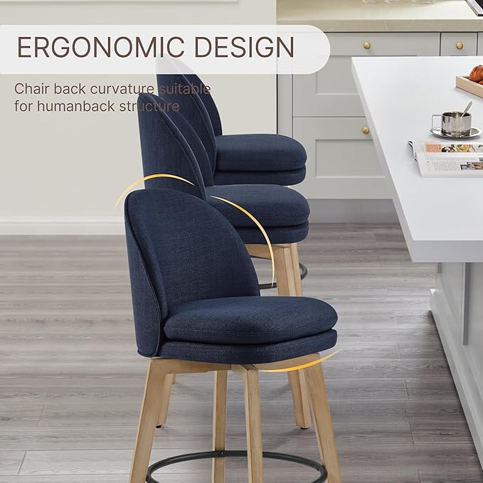 Counter Height Barstools 26 inch Upholstered Swivel Bar Stools with Back and Wood Legs for Kitchen Island,Set of 4,Blue Fabric-Armless