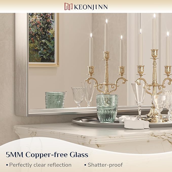 Keonjinn Silver Bathroom Mirror 60” x 40” Large Wall Rectangle Mirror for Bathroom Square Corner Metal Framed Farmhouse Mirror Decorative Rectangular Vanity Mirror for Over Sink(Horizontal/Vertical)