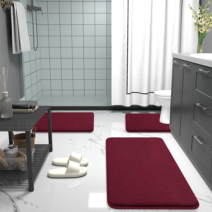 OLANLY Thick Memory Foam Bath Mat Rug 30x20, Extra Soft Absorbent Bathroom Rug, Quick Dry Bath Mats, Non-Slip, Machine Washable Carpet for Bathroom, Tub and Shower, Home Decor Accessories, Burgundy