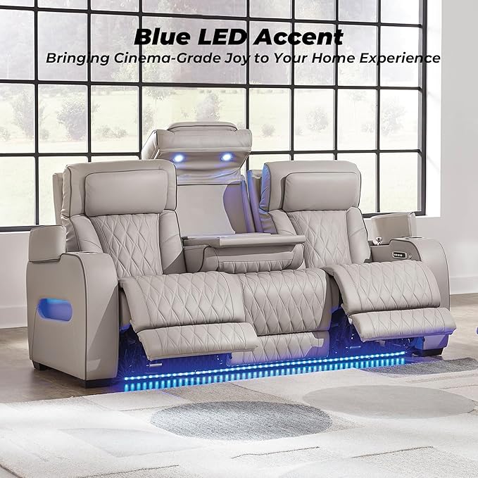 Signature Design by Ashley Boyington Contemporary Leather Match Power Reclining Sofa with USB Charging Ports, LED Lights and Adjustable Headrest, Light Gray