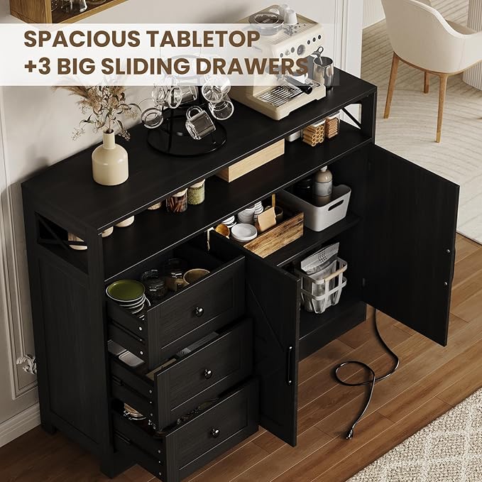 47inch Farmhouse Buffet Sideboard Cabinet, Wood Cupboard Storage Pantry Cabinet with Drawers, Coffee Bar Station Table for Kitchen Living Dining Room, Black
