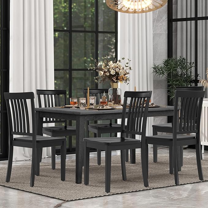COLAMY Wooden Dining Chairs Set of 4, Solid Rubberwood Kitchen & Dining Room Chairs, High Spindle Back Windsor Style, Modern Dining Table Chairs, Non-Slip Foot Pads, Minimalist Home Furniture,Black