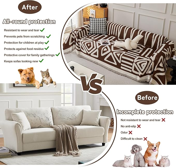 HANDONTIME Chocolate Boho Couch Cover Reversible Sofa Covers for 3 Cushion Couch Washable Sofa Cover for Dogs Boho Couches Covers Chenille Couch Protector Couch Covers for Sofa, 71" X134"