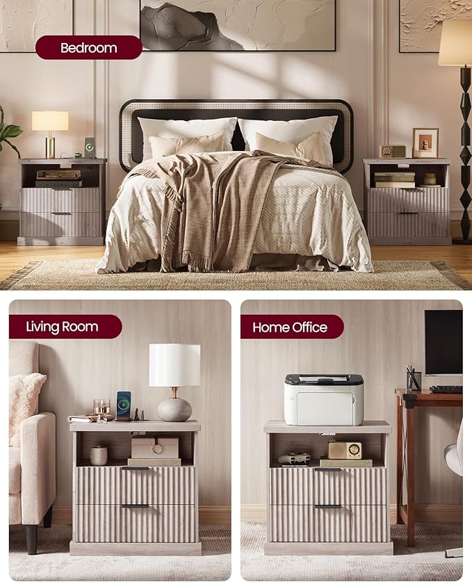 VASAGLE MAXE Collection - Set of 2 Nightstands with Charging Station, Bedside Table, Side End Table with 2 Drawers, Open Shelf, 2 AC Outlets, 2 USB Ports, Transitional, Bedroom, Washed Gray ULET926G01