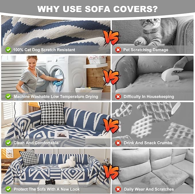 STACYPIK Modern Boho Couch Covers, Non Slip Blue Geometric Sofa Cover for Loveseat, Washable Furniture Protector for 3 Cushion Couch, Anti Slip Reversible Jacquard Couch Throw Covers for Sofa-71X150IN