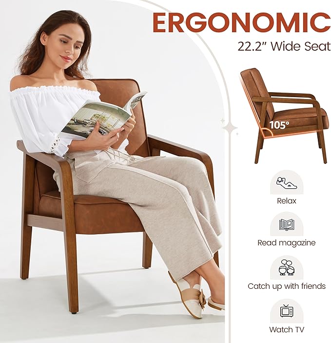 Yaheetech PU Leather Accent Chair, Mid-Century Modern Barrel Chair with Wooden Frame and Soft Thick Padded for Living Room Bedroom Home Office, Light Brown