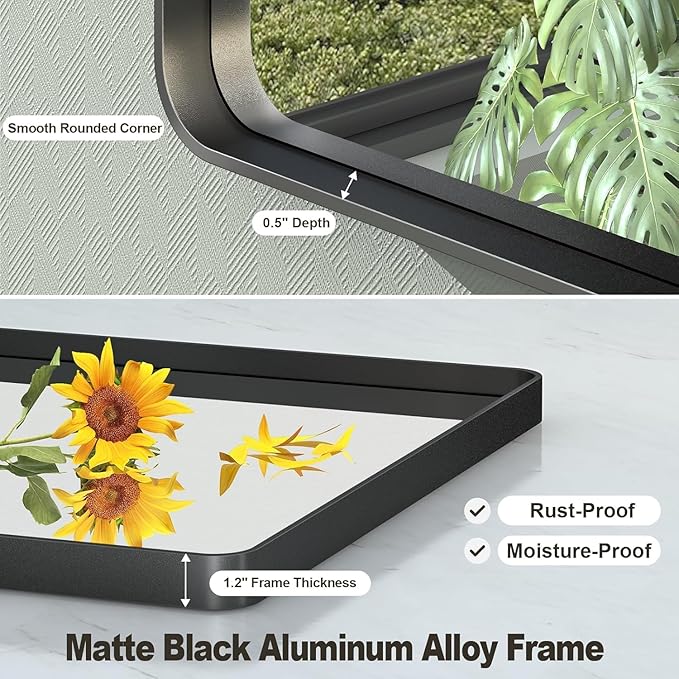 60x40 Inch Black Matte Framed Bathroom Mirror for Wall, Rounded Corner Rectangle Vanity Mirror, Tempered Glass, Anti-Rust, Shatterproof (Horizontal/Vertical)
