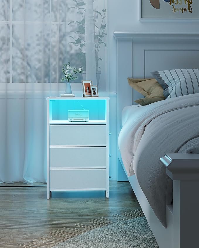 TUTOTAK Narrow LED Night Stand with Charging Station, Slim End Table with Plugins, Tall Side Table with 3 Fabric Drawer, Small Bedside Table with Storage, Set of 2, for Living Room, White TB01BW073L
