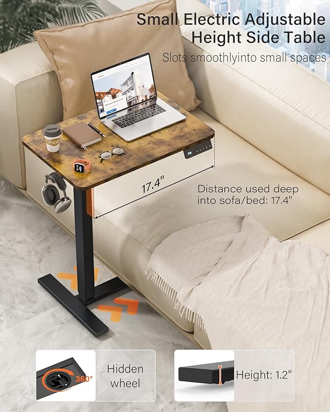 Mobile Standing Desk with Wheels - Electric Height Adjustable Small Movable Laptop Desk, Portable Rolling Computer Sit Stand Side Table for Home Office, Sofa&Bedside Use (23.6",Rustic Brown)