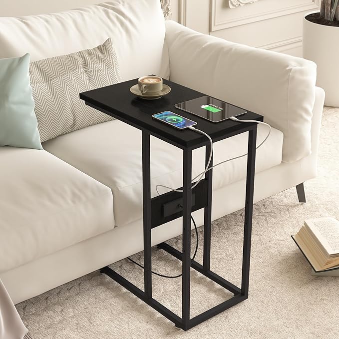 VECELO C Shaped End Side Table with Charging Station & Power Outlets for Couch Sofa/Bed, Snack TV Tray with Metal Frame for Living Room Bedroom 2 Set, Black
