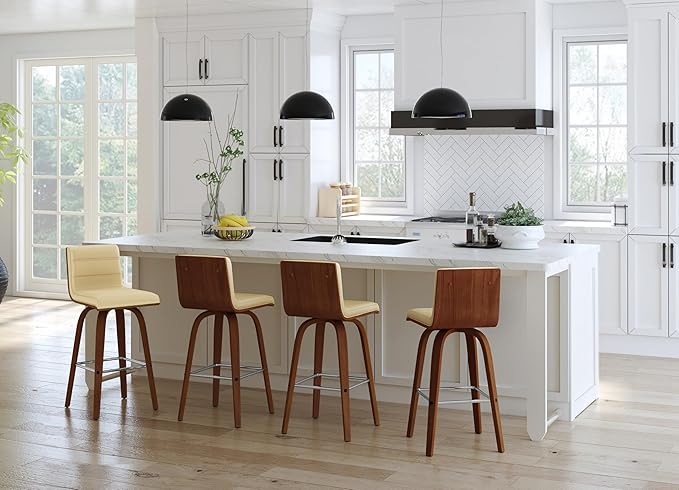 Armen Living Vienna 26" Swivel Counter Stool in Walnut Wood Finish with Cream Faux Leather - Set of 3