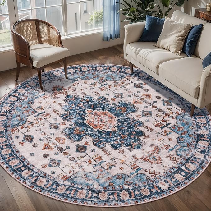 Tangsoo Vintage Round Rug 4ft, Washable Circle Rug, Non Slip Small Boho Round Rug, Low Pile Circular Rugs, Round Carpet for Bedroom,Entryway,Nursery,Dorm,Kitchen,Blue/Orange