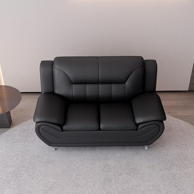 Container Furniture Direct Michael Modern Faux Leather Upholstered Stainless Steel Legs Living Room Sofa, Loveseat, Midnight