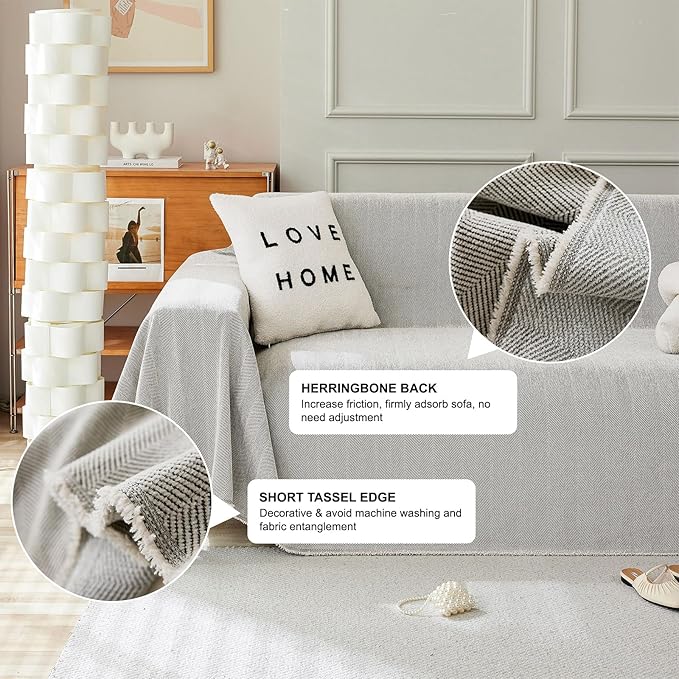 STACYPIK Soft Silver Gray Sofa Cover, Herringbone Couch Cover for Sectional, Pet Friendly Couch Protector for 3 Cushion Couch, Washable Chenille Sofa Covers for L-Shaped, Multi-Use Blankets-91X118IN