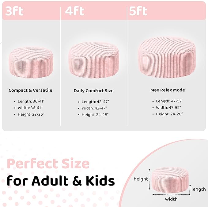 HABUTWAY 5FT Bean Bag Chair, 5' Large Bean Bag Chairs for Adults with Removable Stripe Plush Cover, Memory Foam Beanbag Chair for Living Room Bedroom Dorm (Tender Pink)