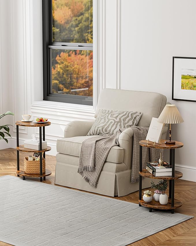 Small Round Side Table - 3-Tier Oval Accent Table for Small Spaces, Rustic Wood and Metal Couch End Table, Nightstand for Bedroom or End Table Living Room, Easy to Assemble, Rustic Brown
