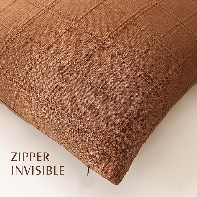 Foindtower Set of 2 Decorative Linen Check Throw Pillow Covers Neutral Farmhouse Vintage Cushion Covers Modern Boho Home Decor for Sofa Chair Couch Bedroom Living Room Outdoor,20×20 Inch,Orange