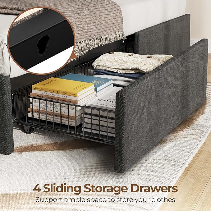 Rolanstar Twin Bed Frame with 4 Storage Drawers and Charging Station,Twin Bed with Led Lights, 2 USB & 1 Type C, Adjustable Headboard 38.9/40.8 Inches, No Box Spring Needed, Grey