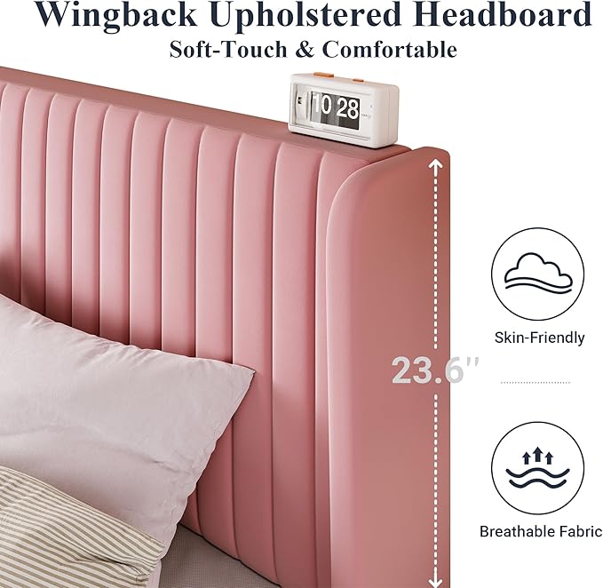 Allewie Full Size Velvet Bed Frame/Vertical Channel Tufted Wingback Headboard/Upholstered Platform Bed/Strong Wooden Slats/No Box Spring Needed/Easy Assembly/Pink