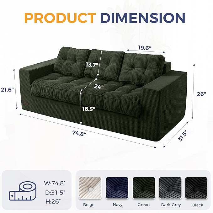 MAXYOYO 3 Seater Couch for Living Room, Boneless Couch with Tufted Cushion & Backrest, Upholstered Floor Sofa with Armrests, Sofa in A Box, No Assembly Required, Green