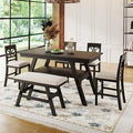 Merax 6 Piece Counter Height Dining Table Set with Storage Shelf, Beige Cushion, Bench and 4 Chairs, Espresso