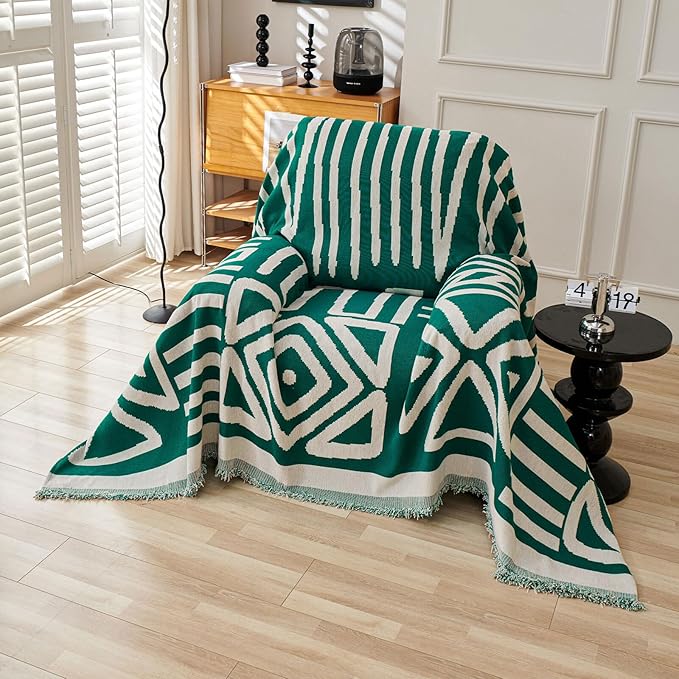 HANDONTIME Couch Cover Boho Sofa Covers Washable Forest Green Dog Covers for Couches Reversible Couch Blanket Cover Geometric Armchair Covers Dark Green, 71" X71"