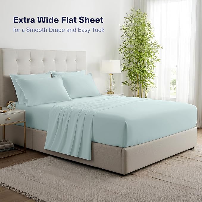 Kickoff Viscose Bamboo Sheets Queen Size 4-pc 100% Organic Bamboo Viscose Bed Cooling Sheets Queen Size Set Cool Bedding for hot Sleepers Sheet, Flat, Fitted, Pillowcases (Coastal Blue, Q)