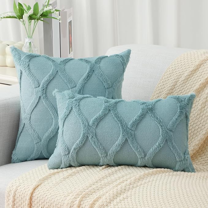 decorUhome Throw Pillow Covers 16x16 Inch Set of 2, Soft Plush Faux Fur Wool Aqua Couch Pillow Covers, Decorative Neutral Pillow Cases for Bed Sofa Living Room Home Decor