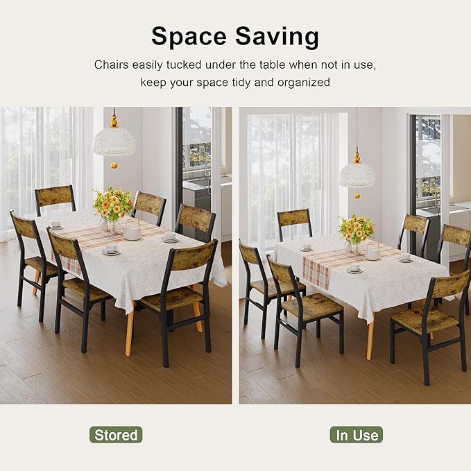 Feonase Dining Chairs Set of 6, Modern Kitchen Chairs with Ergonomic Backrest, MDF Board and Metal Legs, Dinner Chairs for Dining Room, Kitchen and Living Room, Rustic Brown