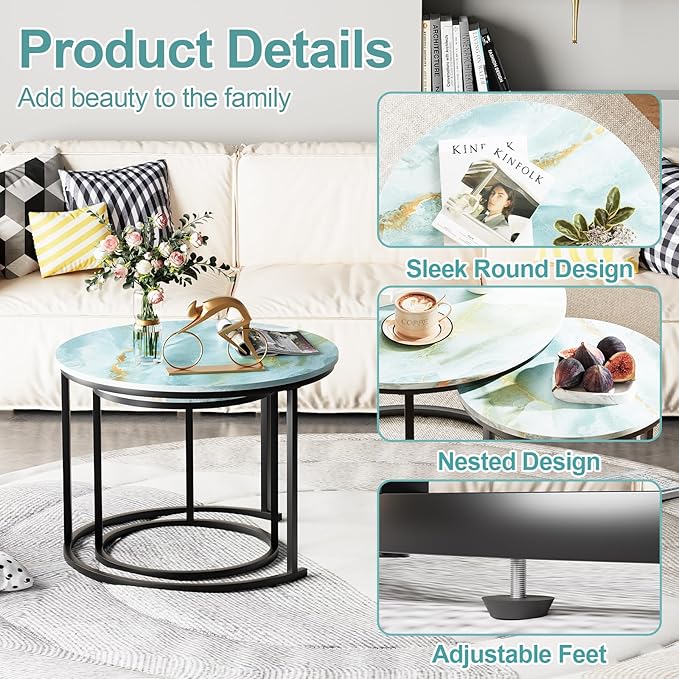 Garden 4 you Nesting Coffee Table, 23.6" Round Coffee Table Set of 2, Wooden Nesting Table Set for with Metal Frame, Side Tables for Living Room Bedroom Balcony, Blue