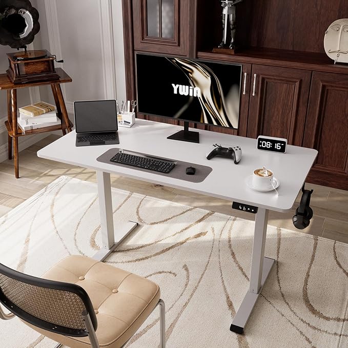 Ywin Electric Height Adjustable Standing Desk, 55 x 24 inches Sit Stand Desk with Wheels, Ergonomic Stand Up Desk for Home Office