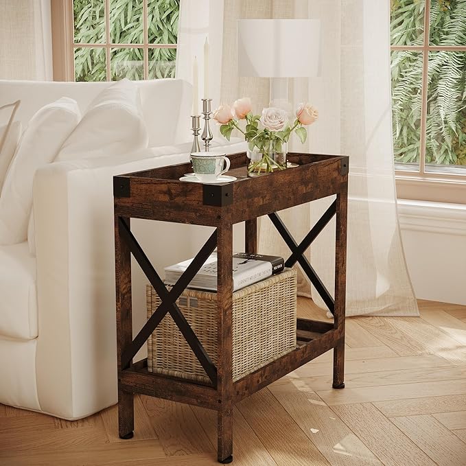 Narrow Side Table, Slim End Table with Charging Station for Small Spaces, with 2 USB and 2 Power Outlets, 21.7" L x 10" W x 21.7" H