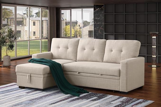 Devion Furniture Philly 4-in-1 Convertible L Shaped Couch with Pull Out Bed and Storage, Sectional Sleeper Sofa with Reversible Chaise for Living Room, Apartment, Bedroom, Office