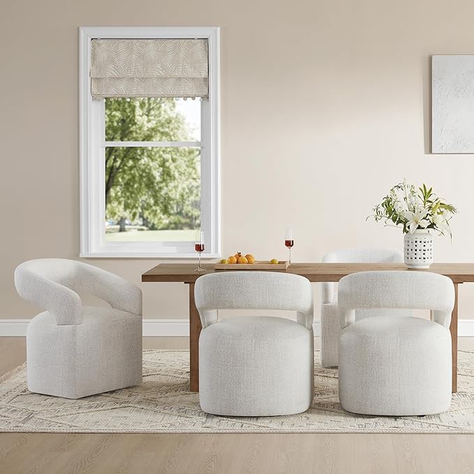 Upholstered Dining Chairs with Casters Modern Barrel Side Armchair with Rollers for Diningroom Bedroom Livingroom Reading Room, Beige, 4PCS