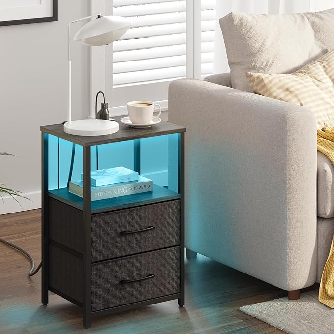 TUTOTAK LED End Table with Charging Station, Night Stand, Side Table with 2 USB Ports and Outlets, Nightstand with Cloth Drawer, Bedside Table for Livingroom, Bedroom Charcoal Grey TB01BY088L