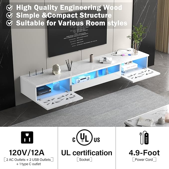Floating TV Stand, 71" Floating Entertainment Center Wall Mounted,Floating Wall Mounted TV Shelf Modern High Gloss tv Cabinet Media Console with Storage