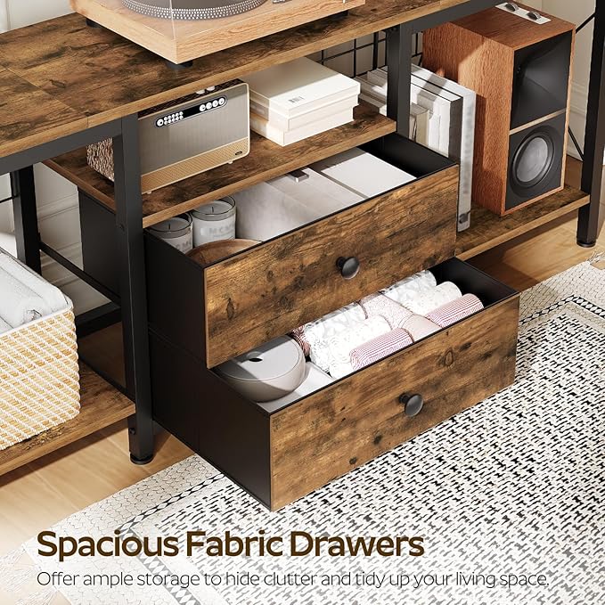 TV Stand with Power Outlet Up to 60 Inch, Entertainment Center with 2 Fabric Drawers, TV Console Table with Open Storage Shelves for TVs, Cable Management, for Living Room, Bedroom, DS14UBRY1