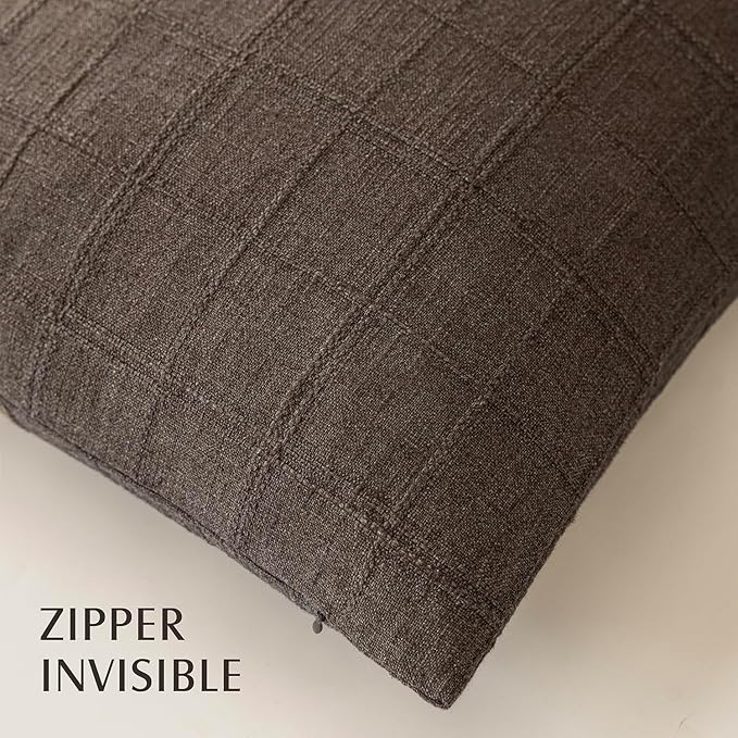 Foindtower Set of 2 Decorative Linen Check Throw Pillow Covers Neutral Farmhouse Vintage Cushion Covers Modern Boho Home Decor for Sofa Chair Couch Bedroom Living Room Outdoor,22×22 Inch,Dark Brown