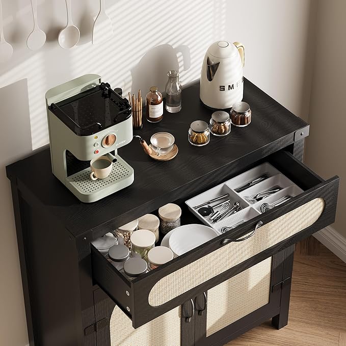 Garvee 29.9'' Small Rattan Buffet Cabinet with Storage, Kitchen Coffee Bar Cabinet with Doors and Drawer, Boho Farmhouse Sideboard with Adjustable Shelves and Handle for Living Room, Black