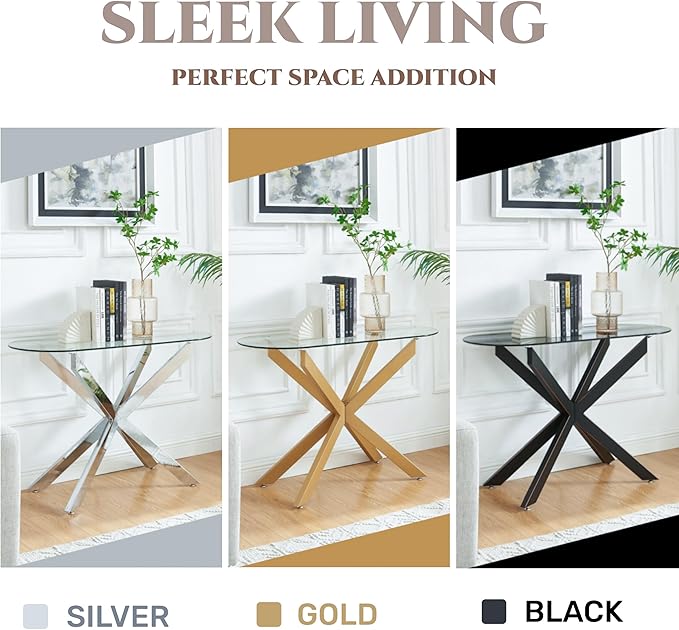 Gold Glass Oval Console Table, Modern Style Entryway Hallway Narrow Sofa Table, Entrance for Entryway, Living Room, Foyer, Hallway, Office， 45" Lx18 Wx30 H Gold