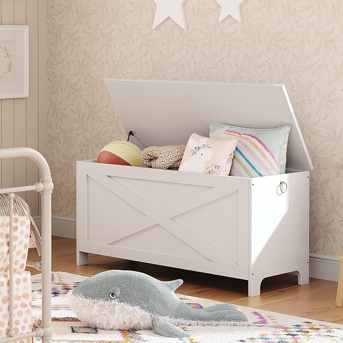 39.4" Toy Chest, Sturdy Entryway Storage Chest with Safety Hinges, Retro Toy Box, Wooden Look Accent Furniture for Living Room, Bedroom, White SCWT48101Z1