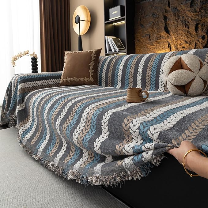 STACYPIK Boho Jacquard Leaves Sofa Cover, Blue Geometric Couch Cover for Dog, Washable Furniture Protector for 3 Cushion Couch, Non Slip Sectional Cover for Loveseat, L Shape Sofa Slipcovers-71X134IN