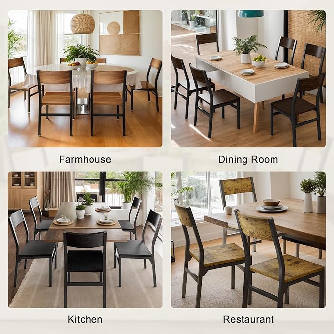 Feonase Dining Chairs Set of 6, Modern Kitchen Chairs with Ergonomic Backrest, MDF Board and Metal Legs, Dinner Chairs for Dining Room, Kitchen and Living Room, Rustic Brown
