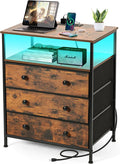 3 Drawers Dresser with Charging Station, 24 Inch Wide LED Night Stand with Adjustable Fabric Drawer, Nightstand with Storage Shelf for Living Room/Bedroom/Office, Rustic Brown.